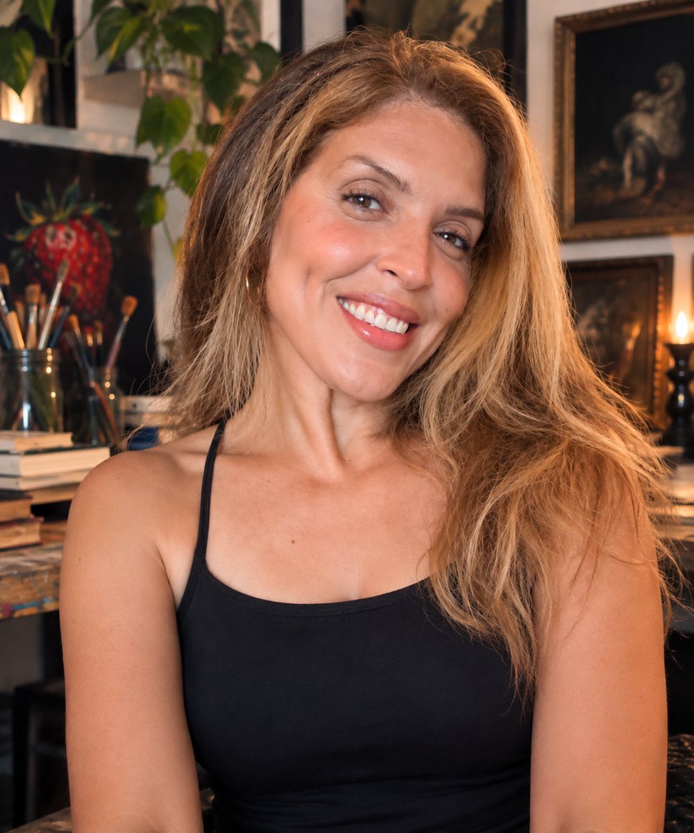 Deece in her studio, brushes in a jar and her paintings on the wall behind her